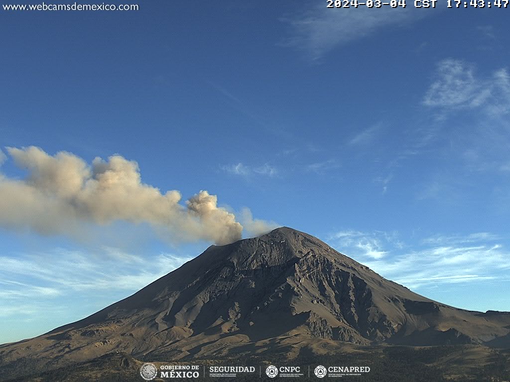 CENAPRED detecta 34 exhalaciones del Popocatépetl