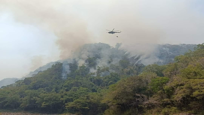 En Tabasco, Guardia Nacional activa Plan GN-A para combatir incendio forestal en Boca del Cerro, Tenosique